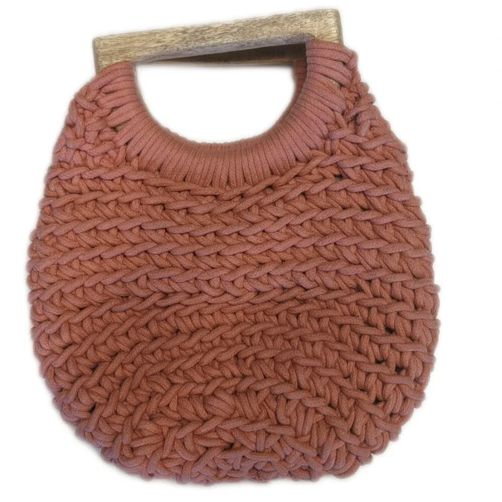 A New Day peach coral woven cotton purse handbag w/ wooden handles 9